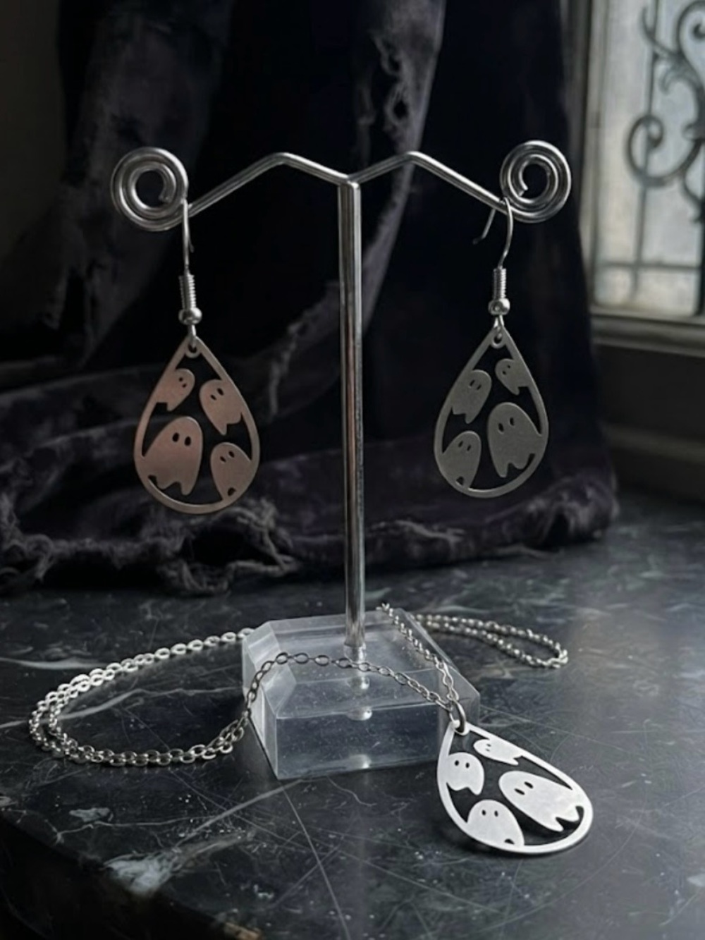 Hand Crafted Silver Ghost Necklace & Earring Set